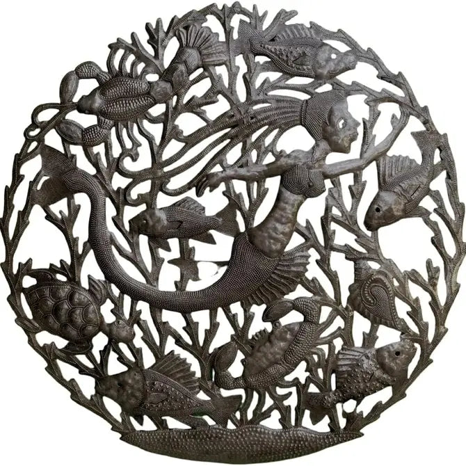 23" Handmade Haitian Metal Art, Swimming Mermaid Beach Home