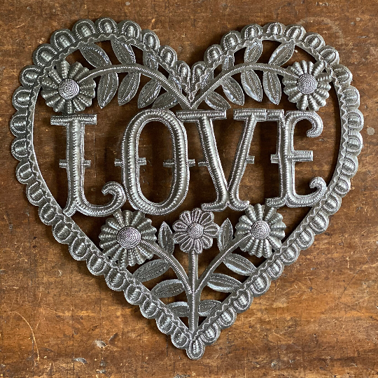 13" Love Metal Sign, Heart Shaped with Flowers, Spring Decor