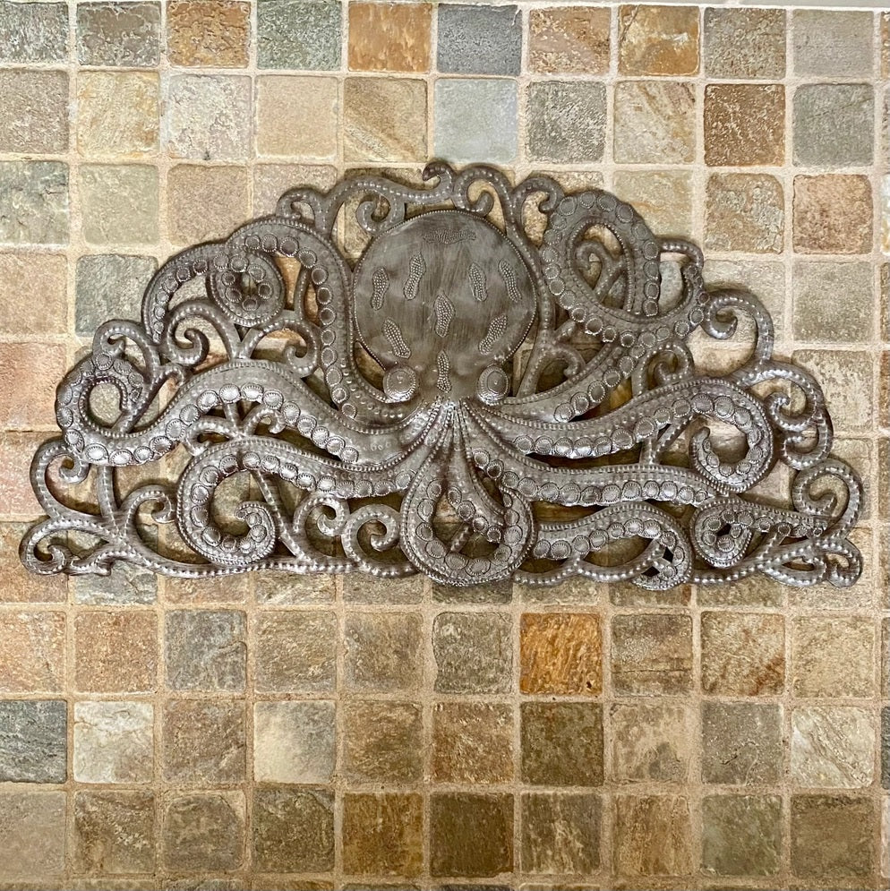 Metal Octopus Arch, Handmade Wall Decor, Nautical 22"x11"