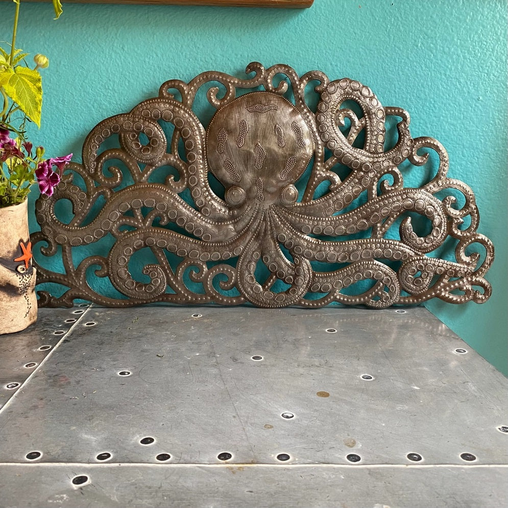 Metal Octopus Arch, Handmade Wall Decor, Nautical 22"x11"