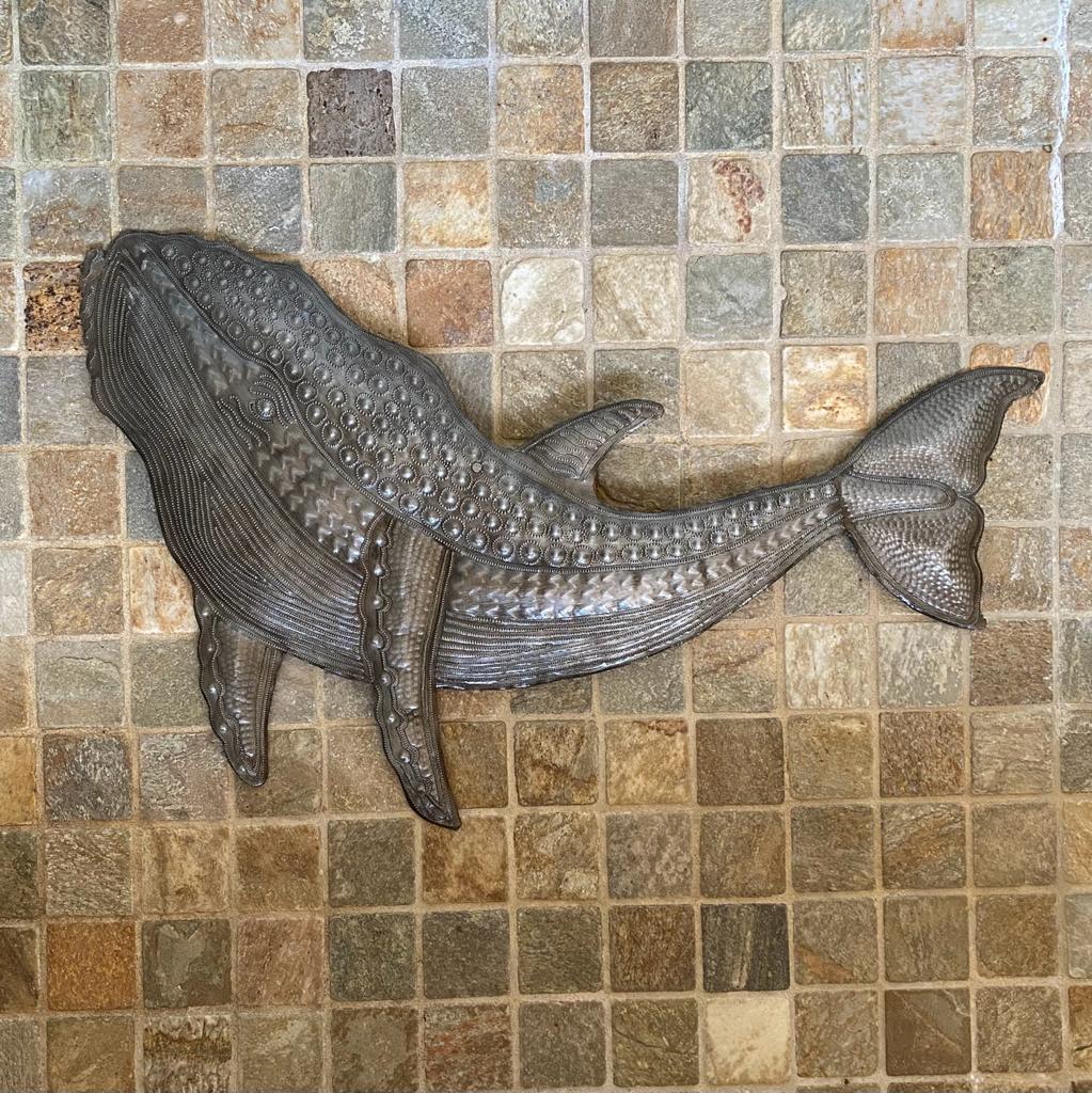 Gray Whale Wall Hanging Art, Sea Life Home Decor Sculptures, Large Fish Metal Artwork, 24 x 12 Inches, Handmade, Haitian Plaques