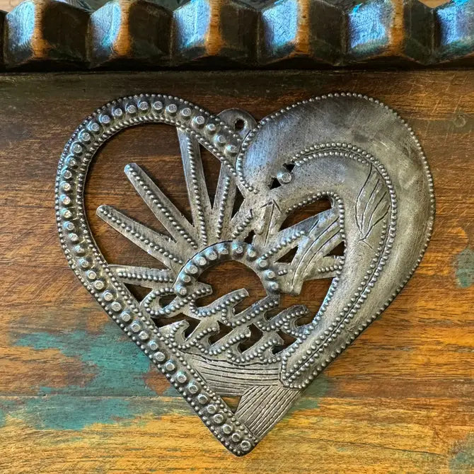 Handcrafted Dolphin Heart Ornament - Haitian Metal Art, 4.5"