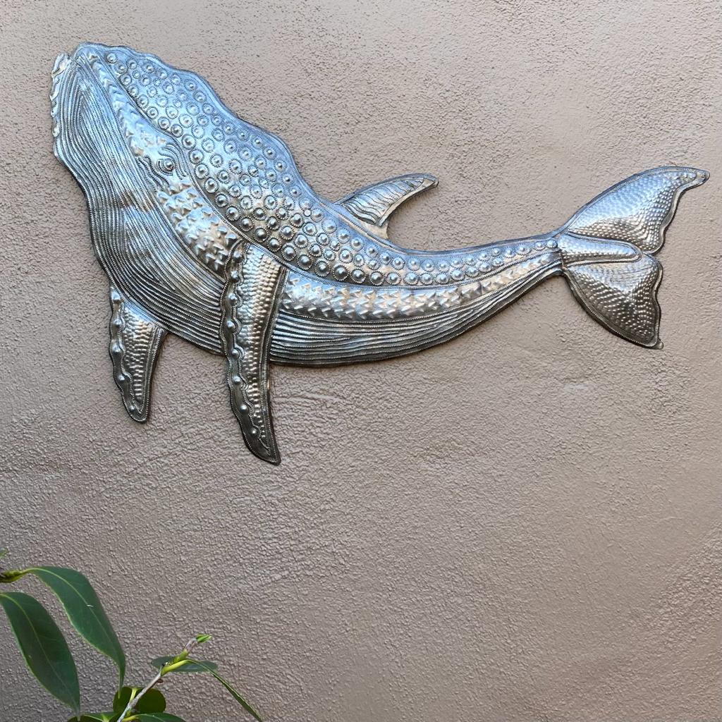 Gray Whale Wall Hanging Art, Sea Life Home Decor Sculptures, Large Fish Metal Artwork, 24 x 12 Inches, Handmade, Haitian Plaques