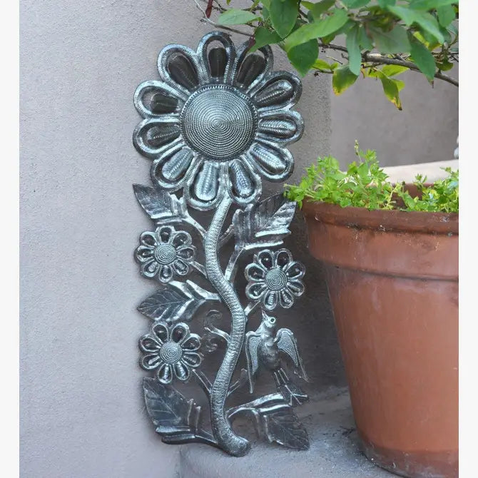 Metal Garden Art Sunflowers, Steel Drum Haitian Decor 7"x17"