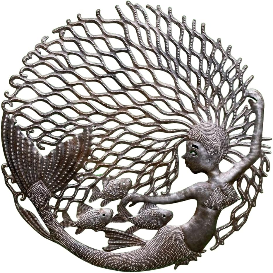 23" Handmade Haitian Metal Art, Swimming  Mermaid Beach Home Decor