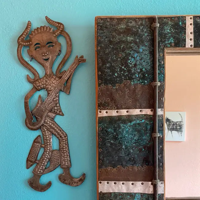 Boy with Guitar, Haitian Fair Trade, Metal Wall Art 6"x18"