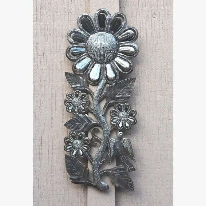 Metal Garden Art Sunflowers, Steel Drum Haitian Decor 7"x17"