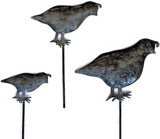 Set/3 Quail Garden Stakes, Yard Art, Handmade Fair-trade Decorative Patio Sculptures