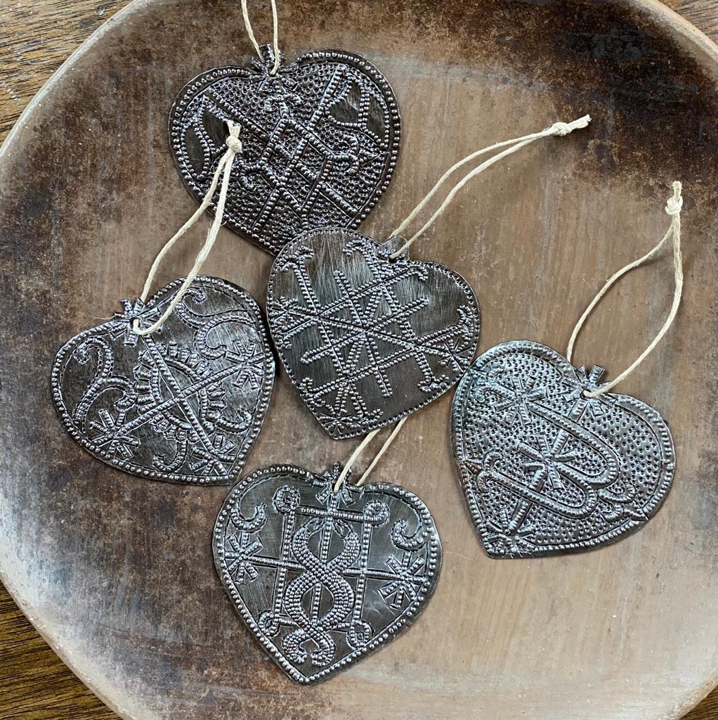 2.5" Set of 5 Veve, Haitian Metal Hearts, Decorative Ornamental Hearts