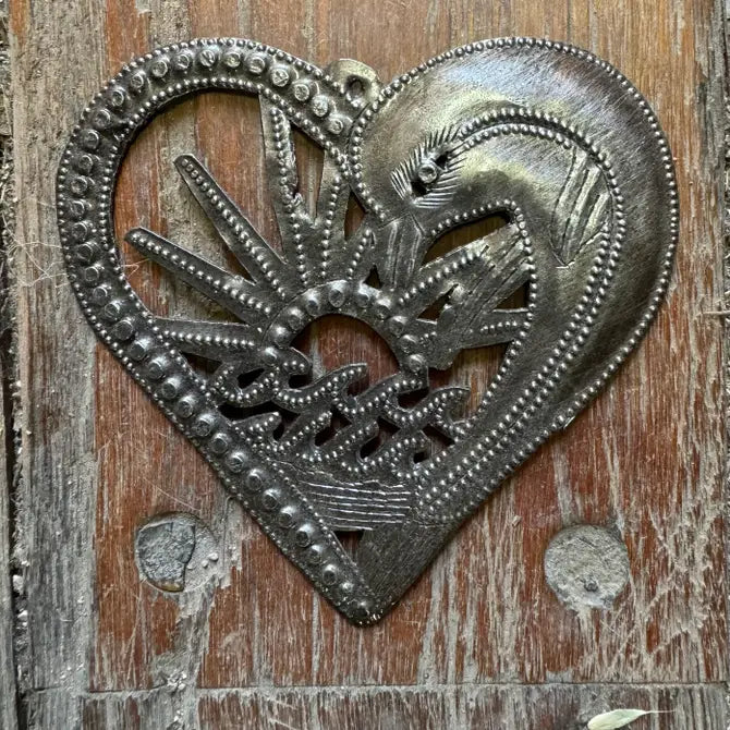 Handcrafted Dolphin Heart Ornament - Haitian Metal Art, 4.5"