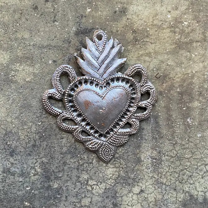 Sacred Heart, Recycled Metal, Religious Folk Art 3" x 2.5"