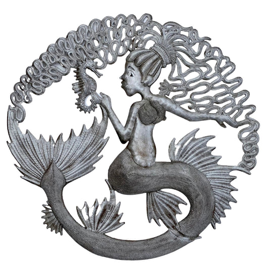 Mermaid with Seahorse, Haitian Artwork, 23" Round, Home Decor