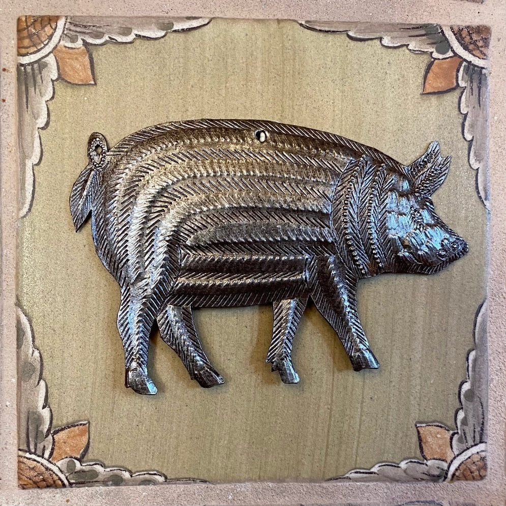 Farm Animal, Hand Cut Pig Ornament, Fair Trade Metal Art 4"