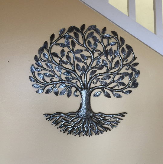 23" Organic Tree of Life with Roots, Haitian Wall Hanging Art, Modern Outdoor Sculpture