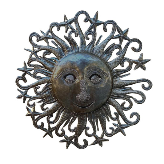 Metal Sun Garden Art, Sun Face, Haiti Fair Trade, 12 Inches, Wall Hanging Metal Artwork