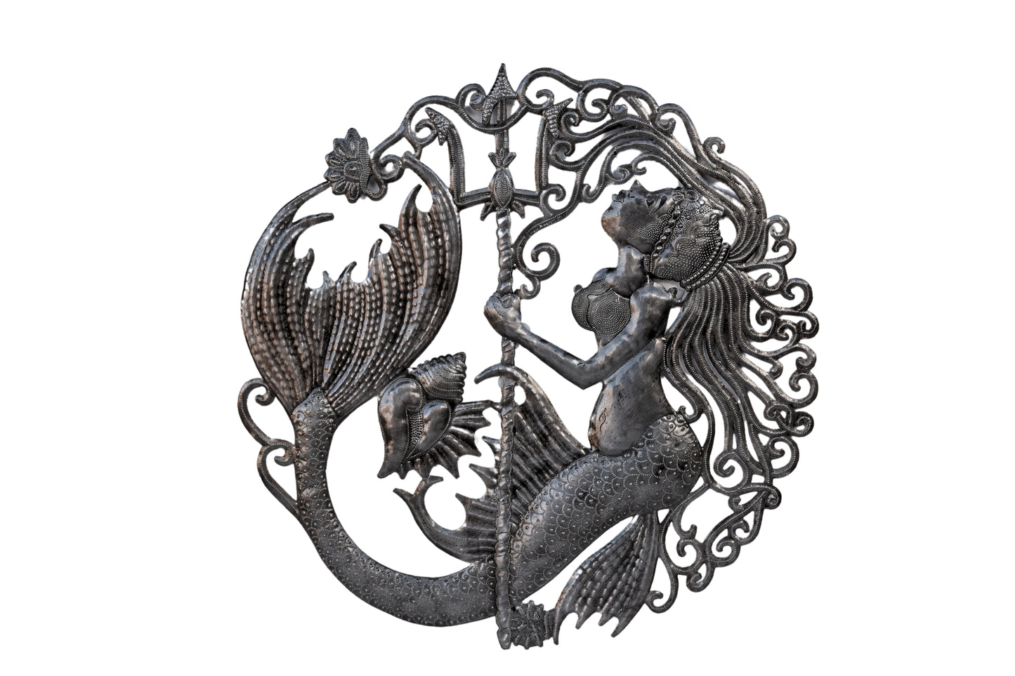 Large Metal Mermaid with Trident, 23 Inch Round, Decorative Sea Life Theme Wall Hanging, Handmade, Fantasy Underwater Artwork