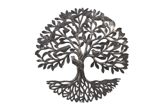 Tree of Life with Bird on Trunk, Handcrafted Wall Hanging Metal Artwork, Indoor Outdoor Display 23 Inches