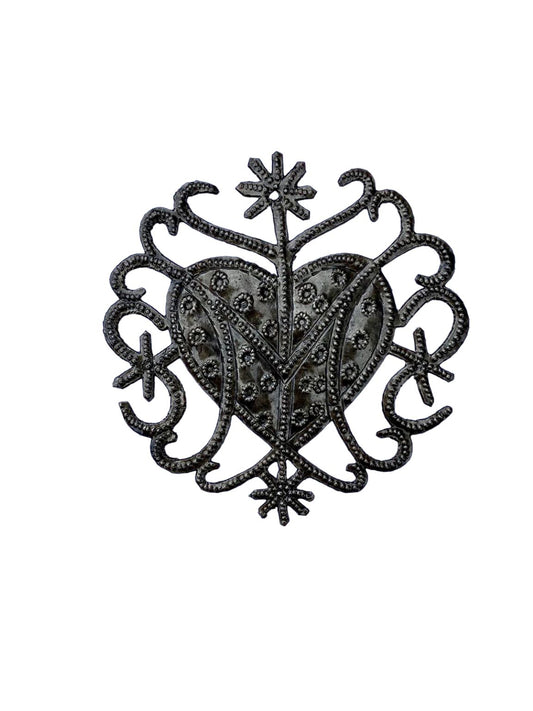Haitian Art-inspired Veve Design, Freda Veve Heart, 4" Haiti, Ornament, Handmade, Unique Metal Ornaments