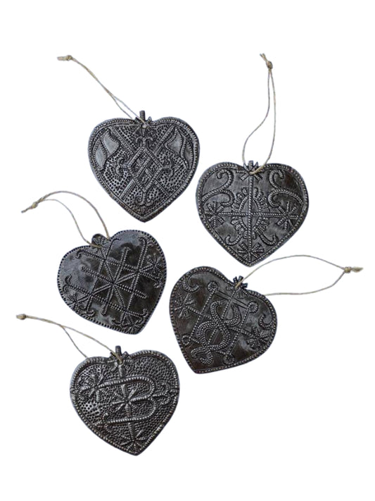 2.5" Set of 5 Veve, Haitian Metal Hearts, Decorative Ornamental Hearts