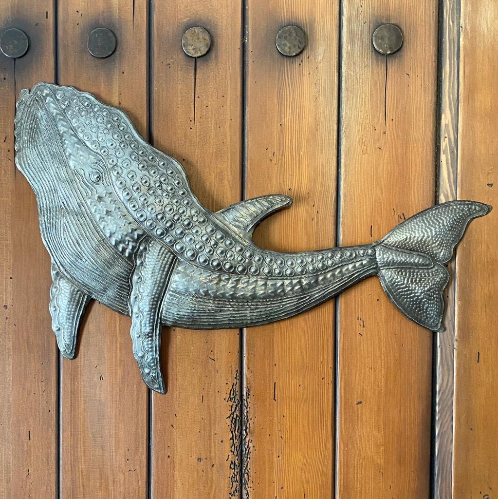 Gray Whale Wall Hanging Art, Sea Life Home Decor Sculptures, Large Fish Metal Artwork, 24 x 12 Inches, Handmade, Haitian Plaques