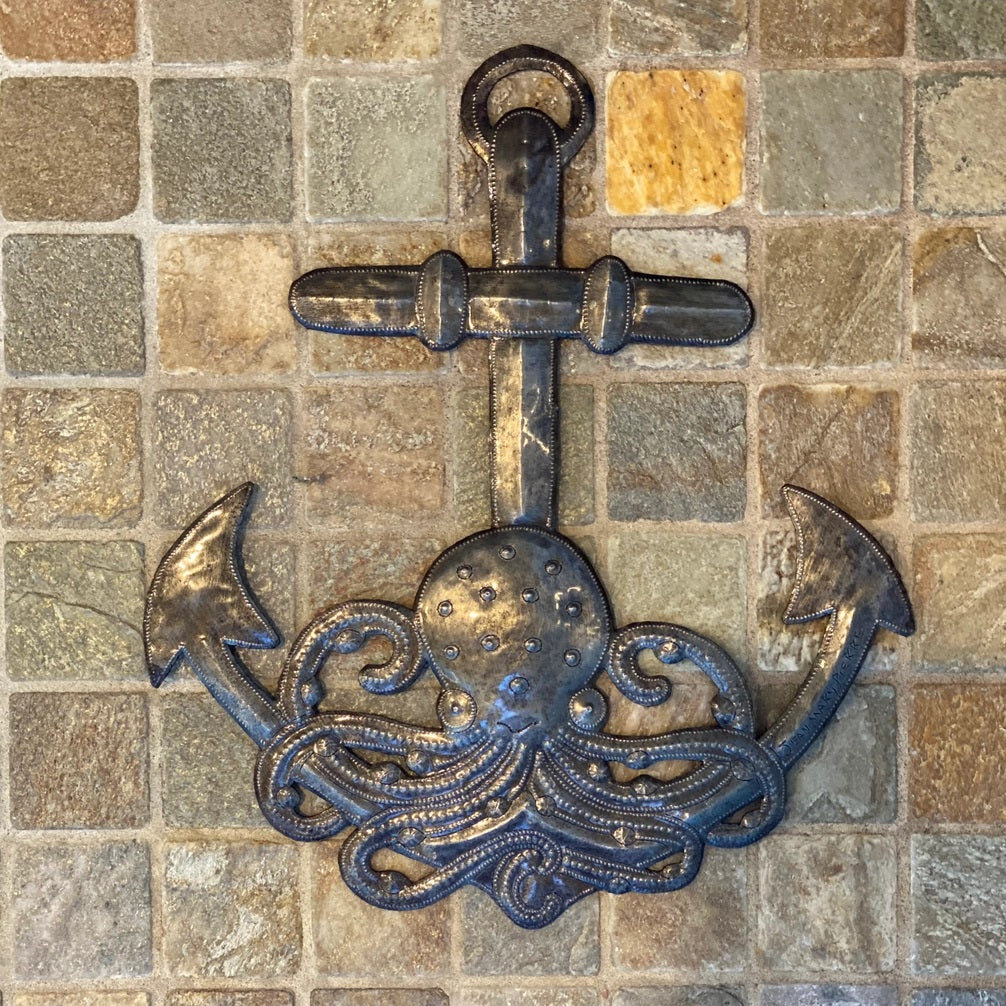 Nautical Sea Anchor, Handmade, Anchor with Octopus, Haitian Metal Wall Hanging Decor 14"x12"