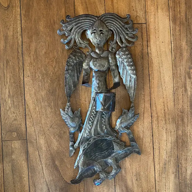 Angel with Drum, Metal Wall Decor, Recycled, 15" x 28"