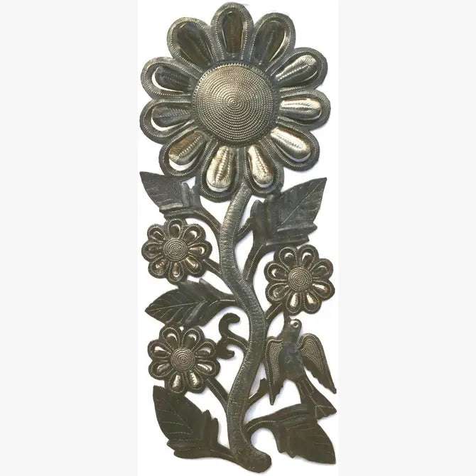 Metal Garden Art Sunflowers, Steel Drum Haitian Decor 7"x17"