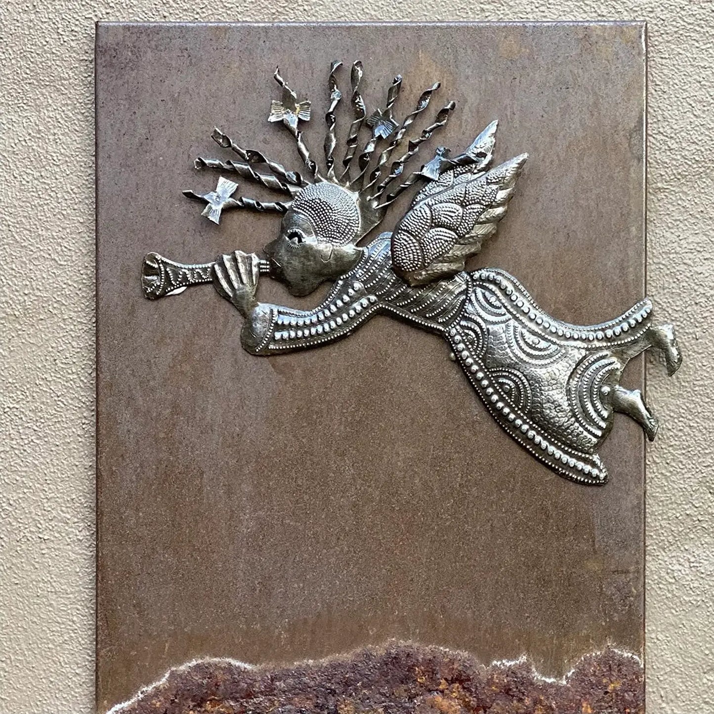 Angel Flying Left Wall Hanging Art, Fair Trade Project Haiti, Recycled Steel Drum Barrels, 11.5" x 7"