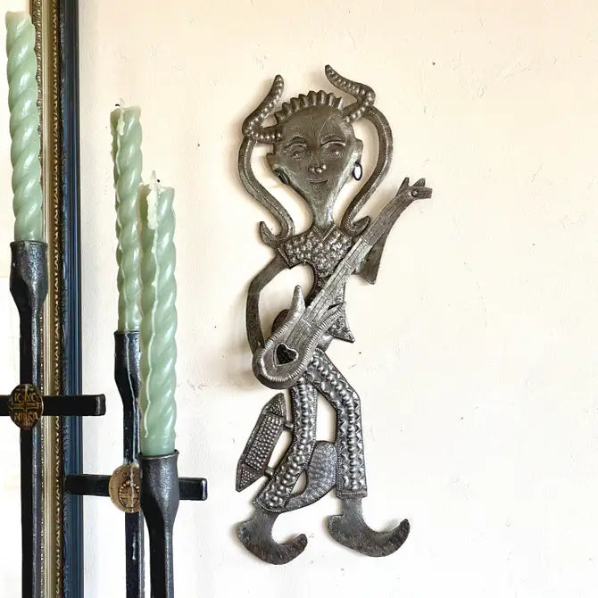 Boy with Guitar, Haitian Fair Trade, Metal Wall Art 6"x18"