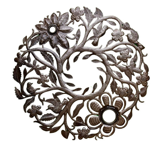 23" Organic Floral Wreath, Handmade Recycled Steel, Wall Hanging Art