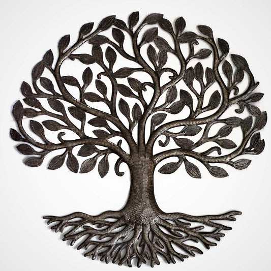 23" Organic Tree of Life with Roots, Haitian Wall Hanging Art, Modern Outdoor Sculpture