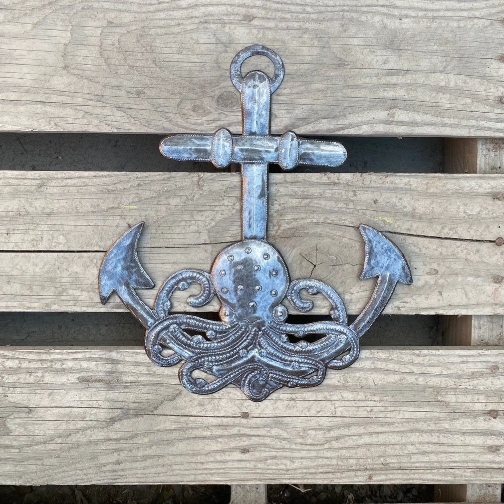 Nautical Sea Anchor, Handmade, Anchor with Octopus, Haitian Metal Wall Hanging Decor 14"x12"