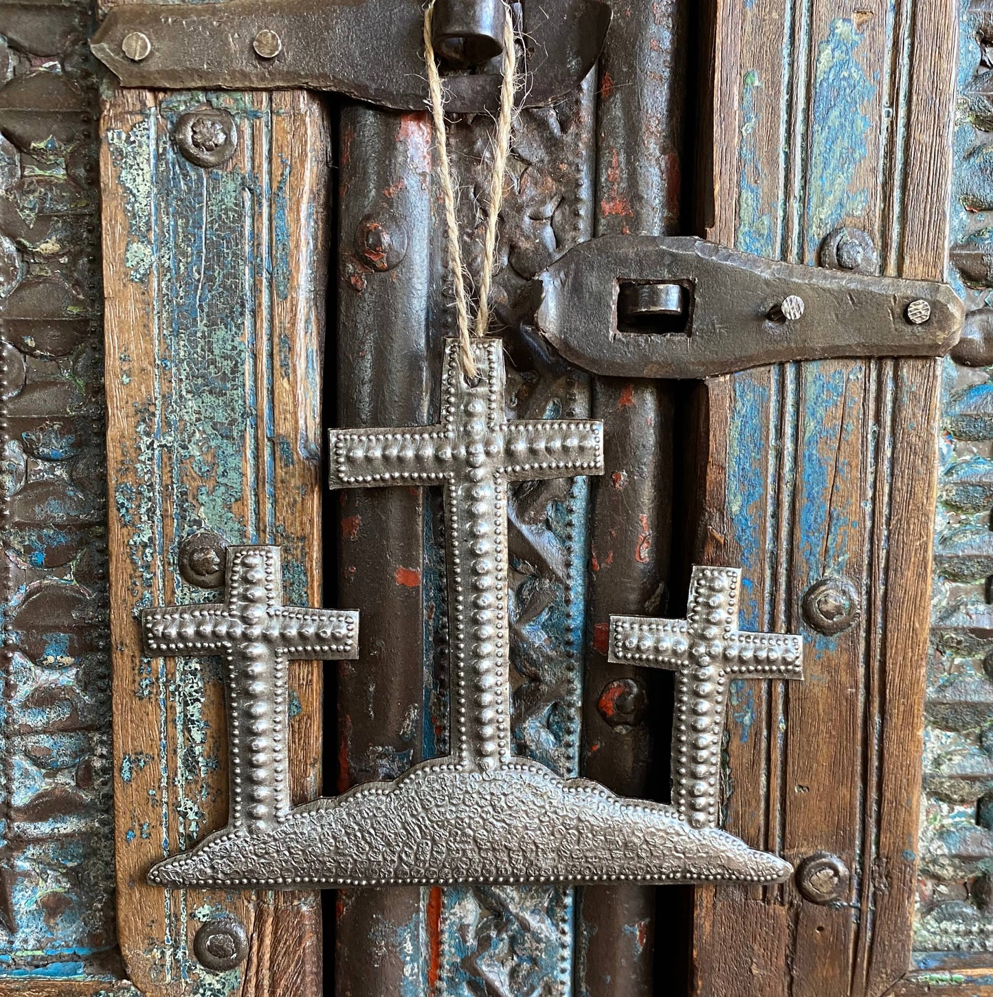 3 Crosses on a Hill, Handmade Ornament Cross, Haitian Art