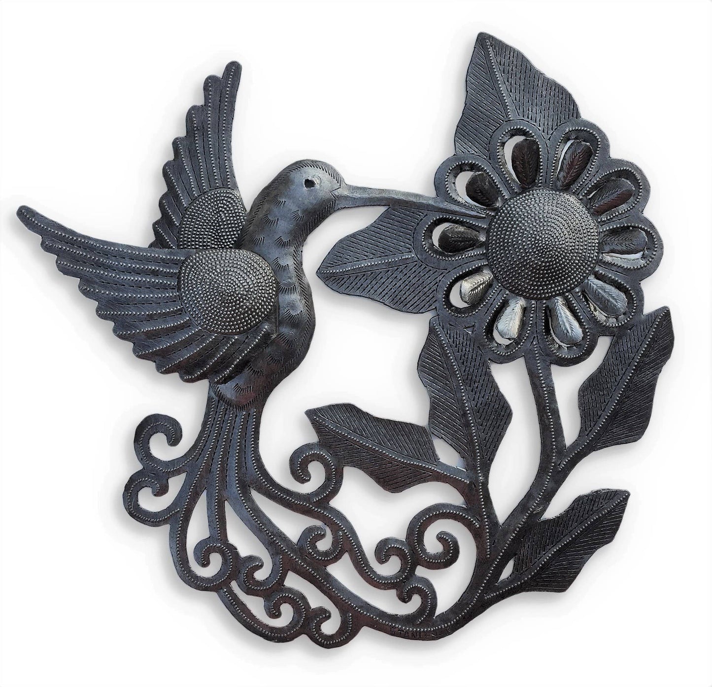 11" Blooming Flower with Hummingbird Haitian Metal Wall Art Indoor Outdoor Decorative