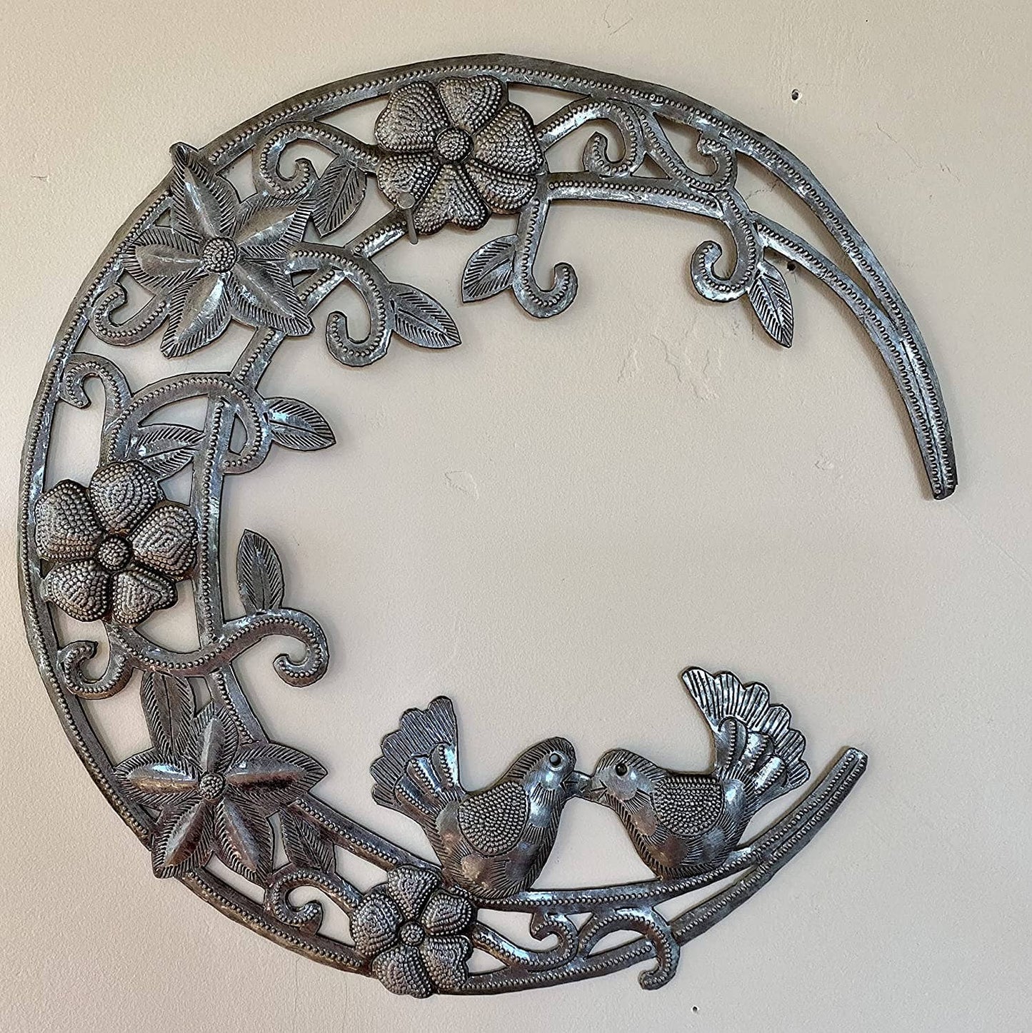 Moon with Flowers and Birds, Metal Wall Art 12" x 12"