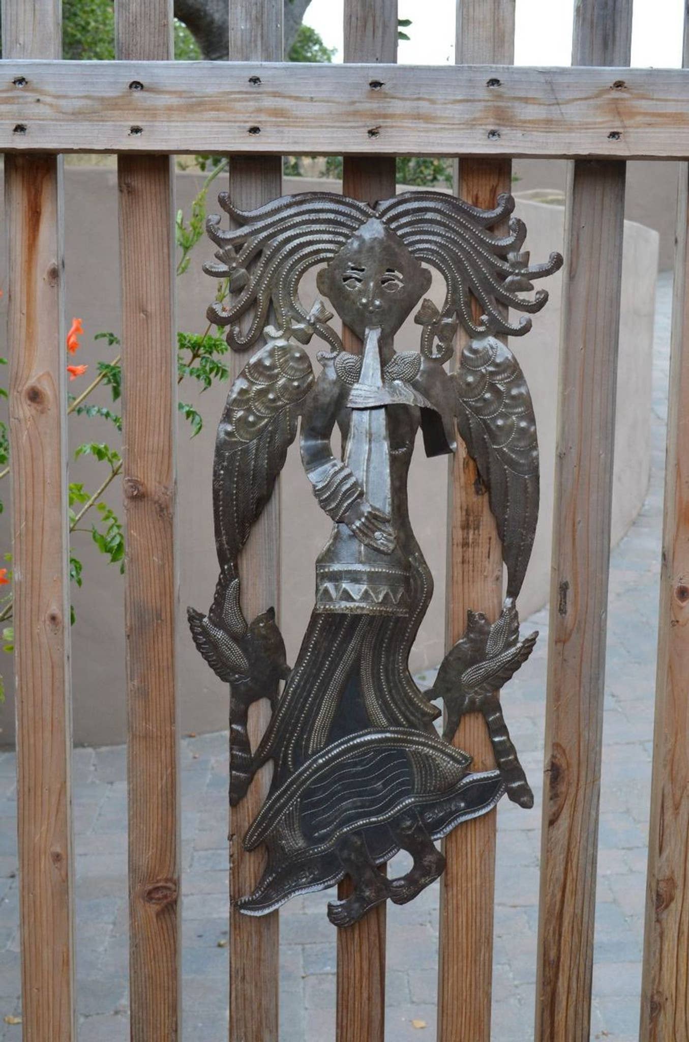 Angel Playing Horn, Metal Wall Decor, Recycled, 15" x 28"