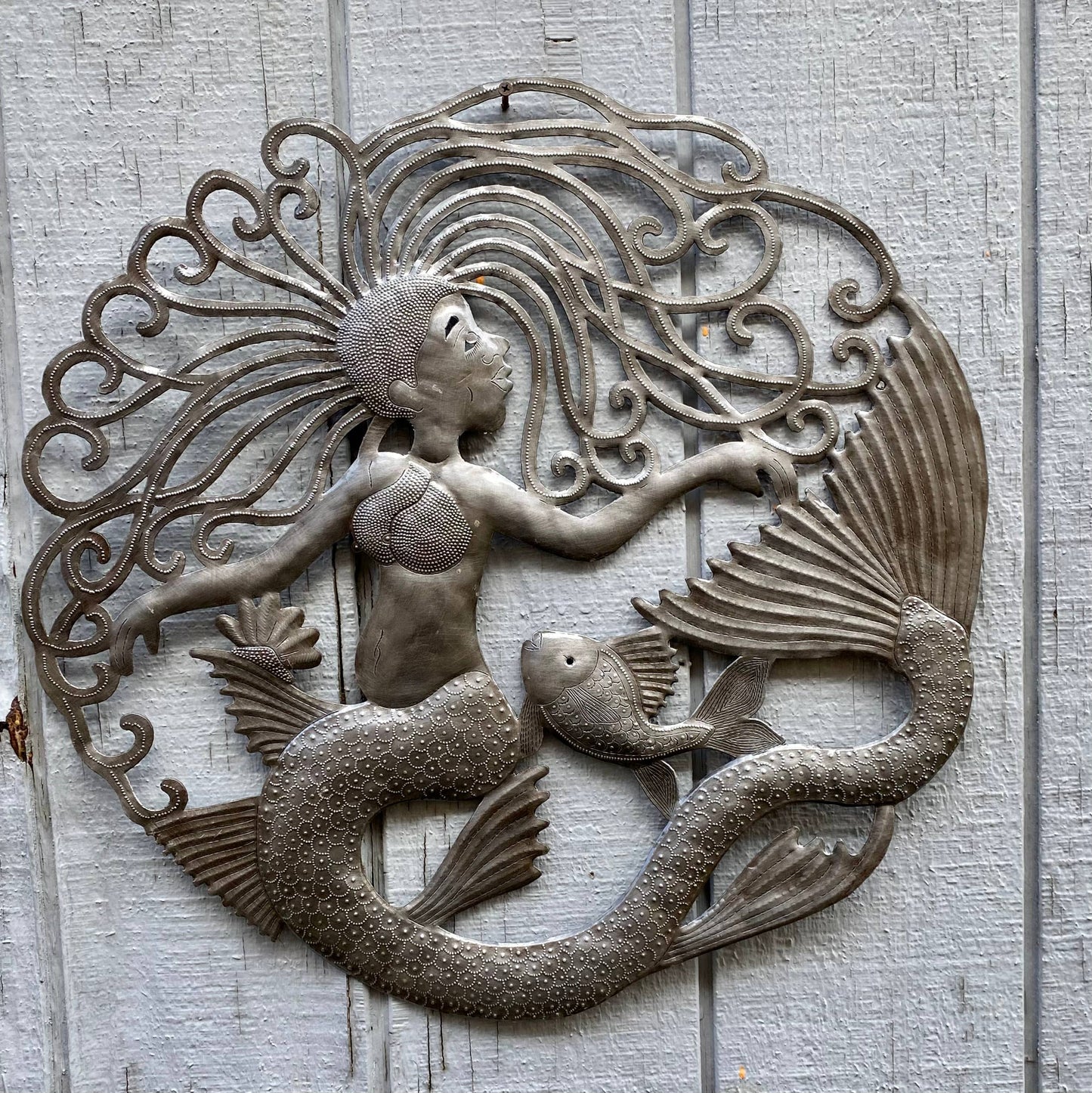 Mermaid Wall Hanging Artwork, 23" Metal Sculpture, Sea Life Home Decor, Handmade in Haiti