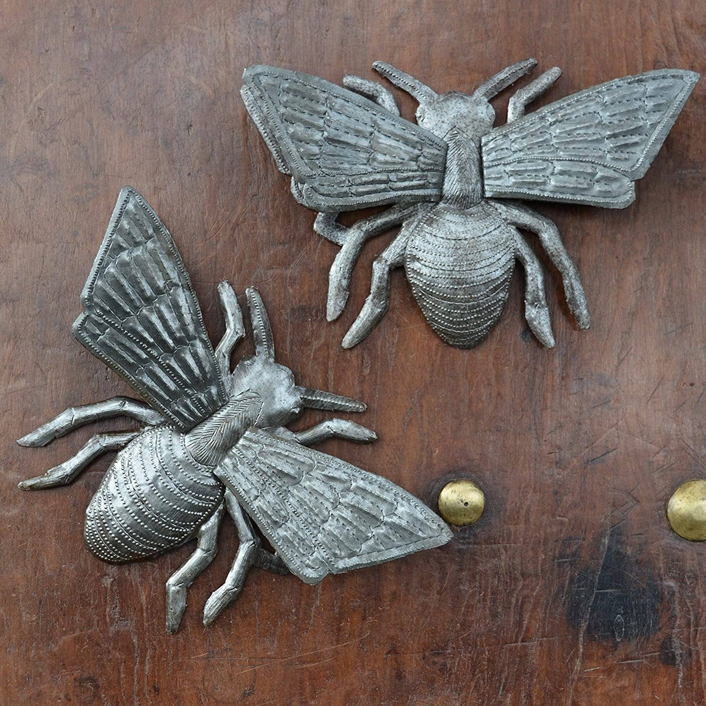 Garden Bee, Metal Wall Hanging Decorative Plaques, Handmade, Bug Ornaments, Haiti, Set of 2