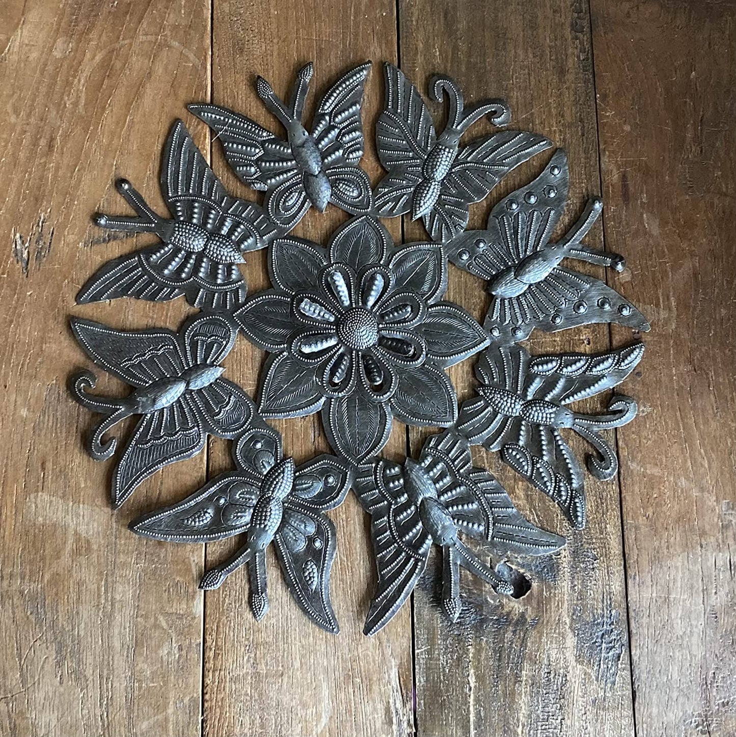 Butterfly Garden Plaque, Haitian Metal Recycled Summer Home Decor, Wall Hanging Plaques