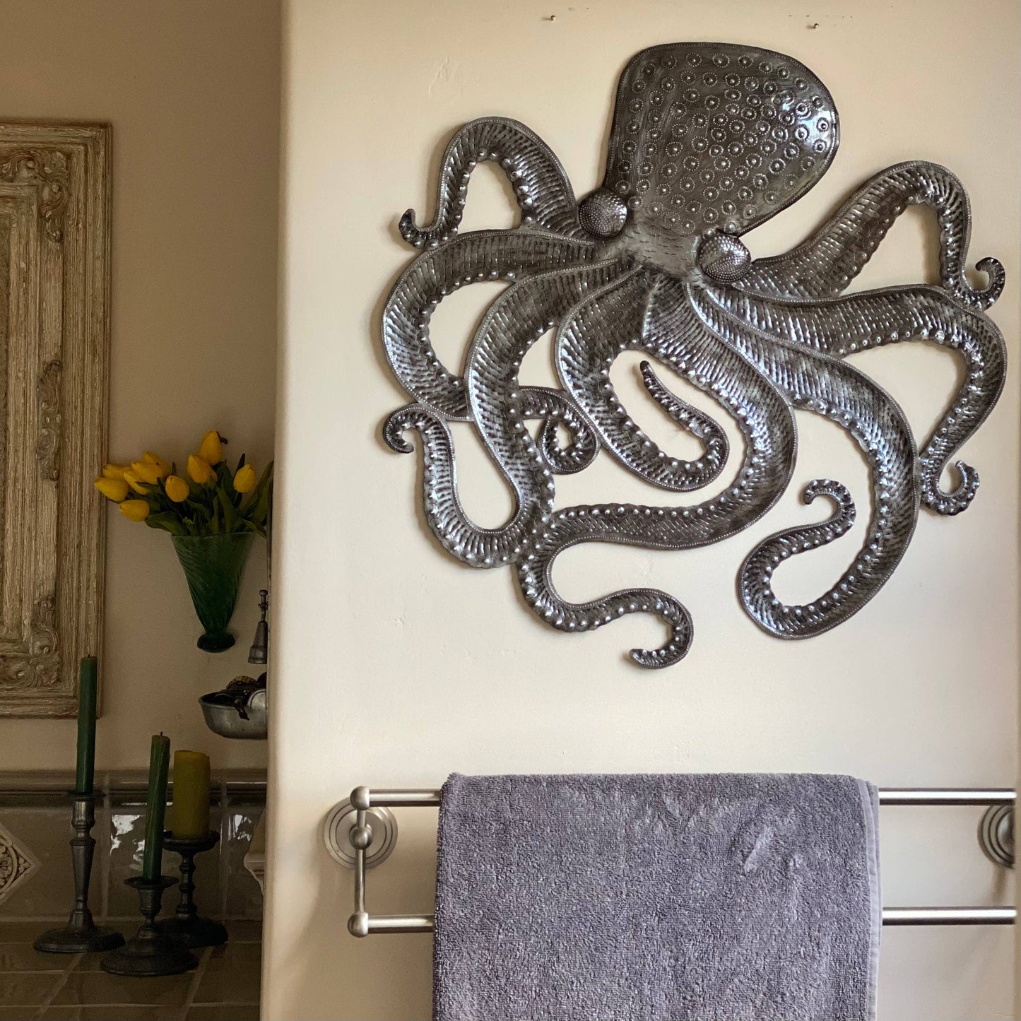 Unique Sea Life Metal Octopus, Handmade Wall Decor, Nautical 23" Indoor Outdoor