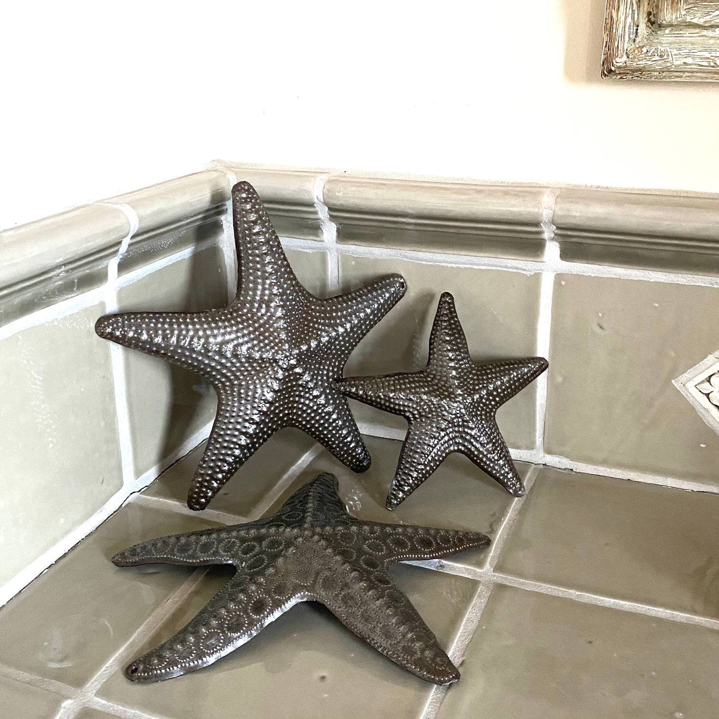 8" Starfish set of 3, Haitian Metal Art, Nautical Decor Soothing Coastal Ambiance