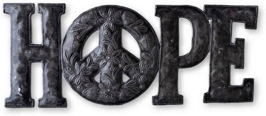 Hope & Peace Metal Wall Art, Reclaimed Word Sign, 20" x 8"