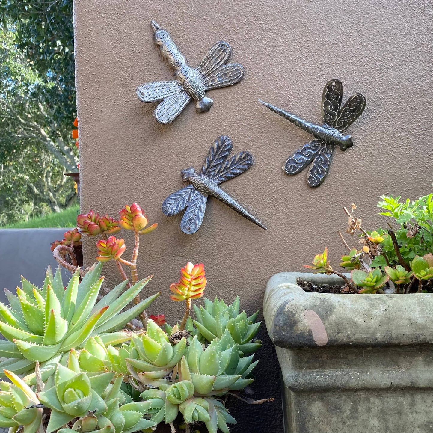 6" Metal Dragonfly Art, Haiti Fair Trade Set of 3 Handmade Indoor Outdoor Haitian