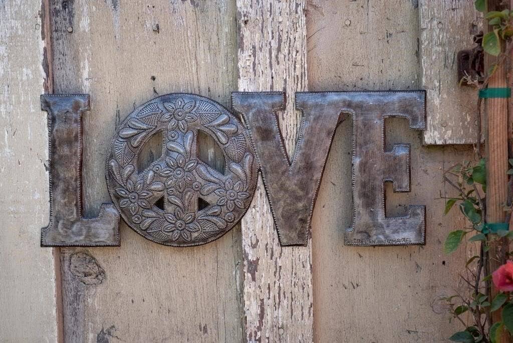 Love & Peace Metal Wall Art, Reclaimed Word Sign, 20" x 8"