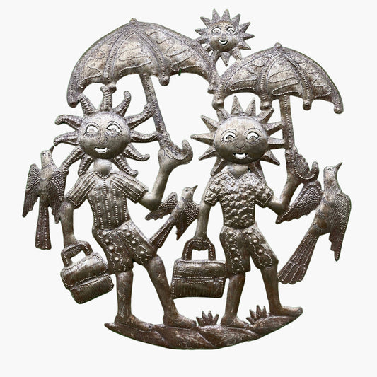 Sun Family with Umbrellas, Whimsical Haitian Folk Art 11"