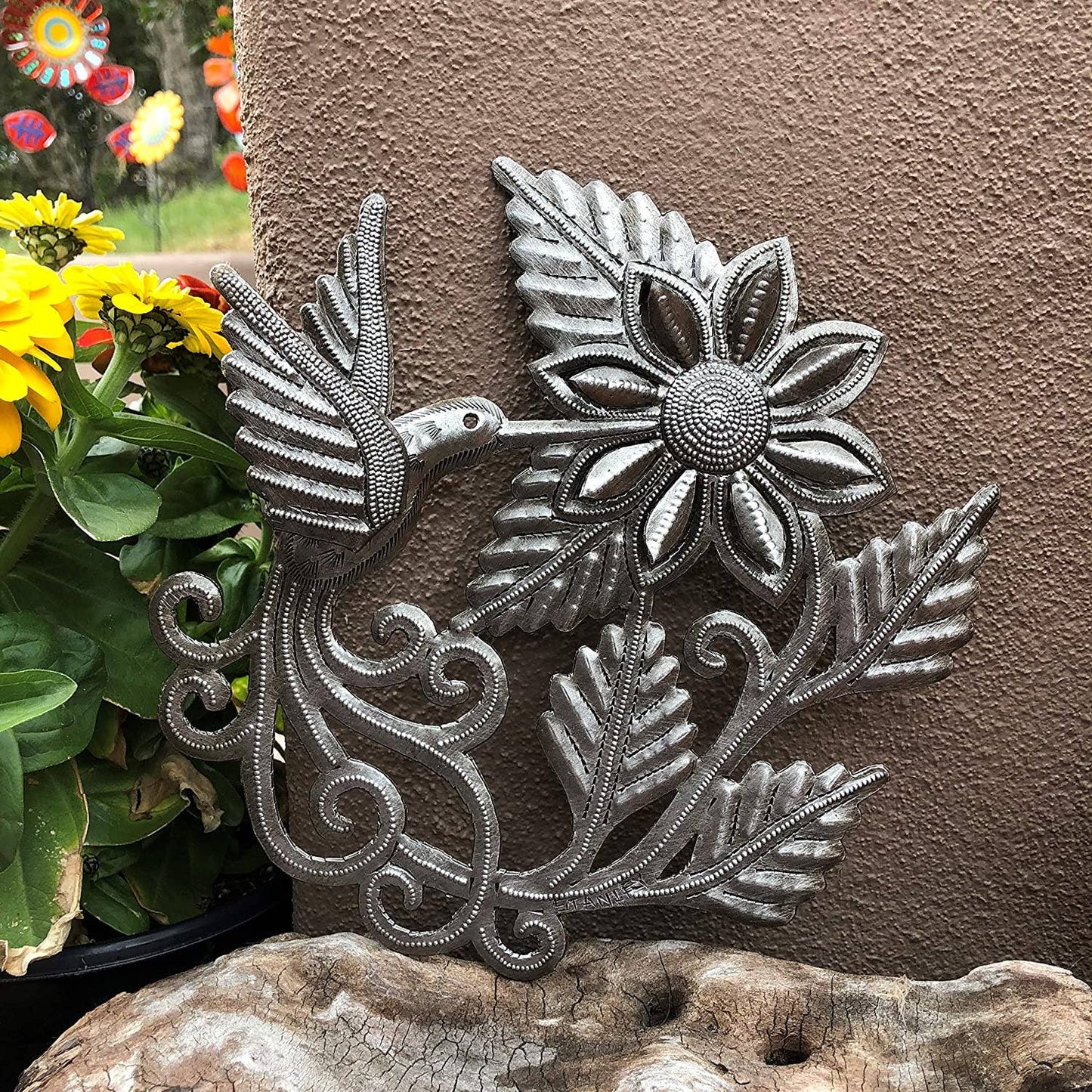 Hummingbird and a Flower, Garden Metal Wall Hanging Plaques 7" x 8" Handmade in Haiti