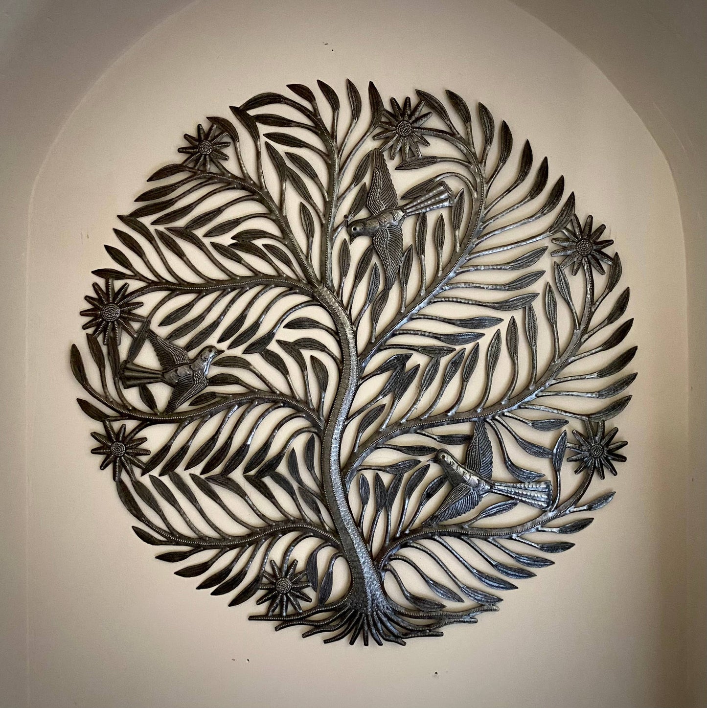 Delicate Cut Tree with Birds, Haitian Wall Hanging 23 Inch Modern Metal Art