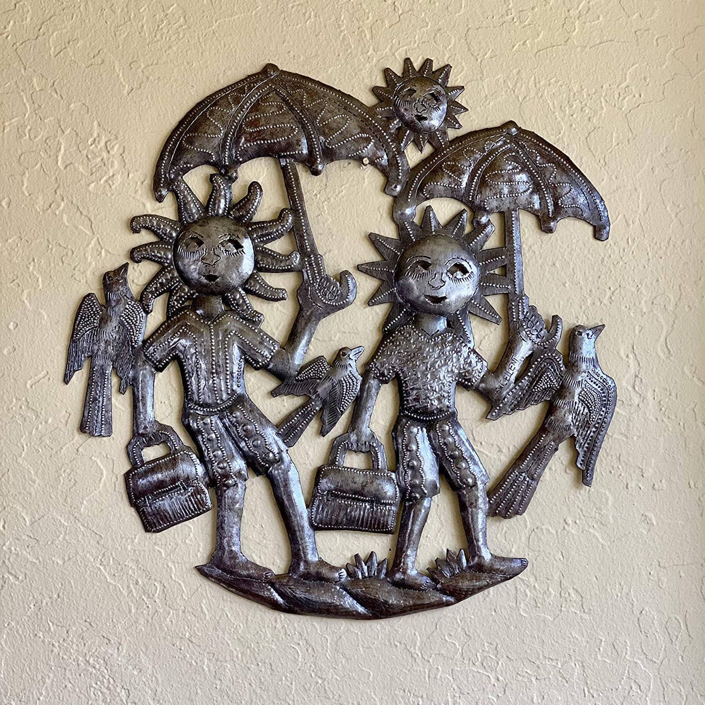 Sun Family with Umbrellas, Whimsical Haitian Folk Art 11"