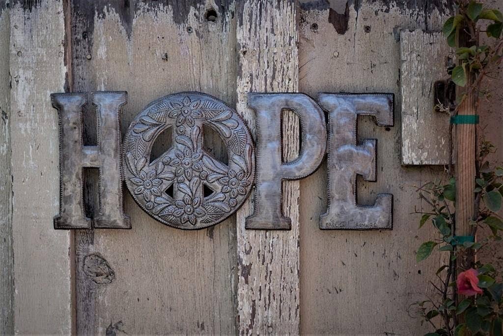 Hope & Peace Metal Wall Art, Reclaimed Word Sign, 20" x 8"