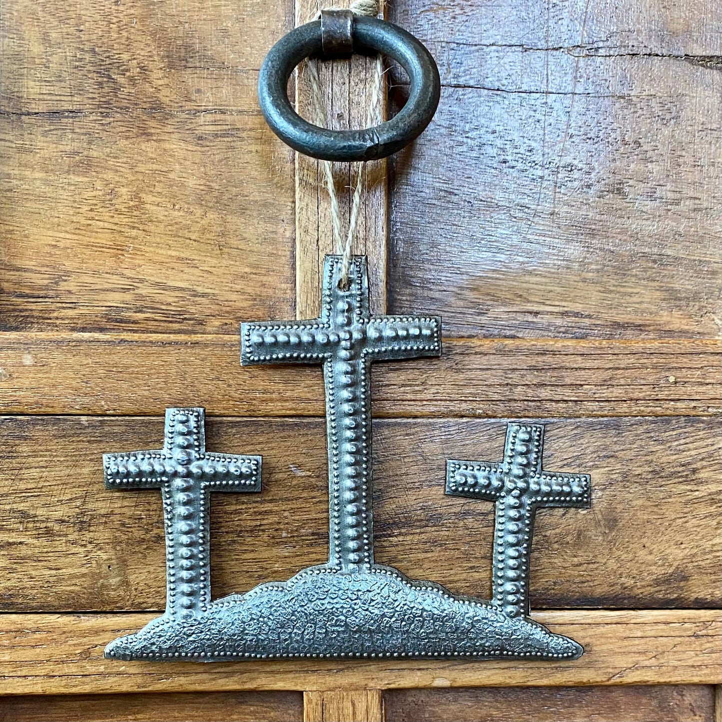 3 Crosses on a Hill, Handmade Ornament Cross, Haitian Art